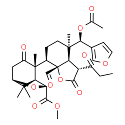 ChemSpider 2D Image | Methyl (1S,2S,5S,7R)-2-{(3R,3aR,4R,7R,7aR)-4-[(R)-acetoxy(3-furyl)methyl]-7a-formyl-4-methyl-2-oxo-3-propionyloctahydro-1-benzofuran-7-yl}-2,8,8-trimethyl-3-oxo-6-oxabicyclo[3.2.1]octane-7-carboxylate | C32H40O11
