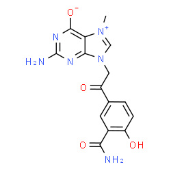 ChemSpider 2D Image | 2-Amino-9-[2-(3-carbamoyl-4-hydroxyphenyl)-2-oxoethyl]-7-methyl-9H-purin-7-ium-6-olate | C15H14N6O4