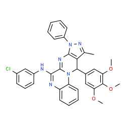 ChemSpider 2D Image | N-(3-Chlorophenyl)-10-methyl-8-phenyl-11-(3,4,5-trimethoxyphenyl)-8,11-dihydropyrazolo[3',4':4,5]pyrimido[1,2-a]quinoxalin-6-amine | C34H29ClN6O3