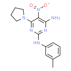 ChemSpider 2D Image | N2-(3-methylphenyl)-5-nitro-6-(pyrrolidin-1-yl)pyrimidine-2,4-diamine | C15H18N6O2