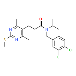 ChemSpider 2D Image | N-(3,4-Dichlorobenzyl)-3-[4,6-dimethyl-2-(methylsulfanyl)-5-pyrimidinyl]-N-isopropylpropanamide | C20H25Cl2N3OS