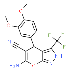 ChemSpider 2D Image | 6-Amino-4-(3,4-dimethoxyphenyl)-3-(trifluoromethyl)-2,4-dihydropyrano[2,3-c]pyrazole-5-carbonitrile | C16H13F3N4O3