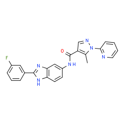 ChemSpider 2D Image | N-[2-(3-Fluorophenyl)-1H-benzimidazol-5-yl]-5-methyl-1-(2-pyridinyl)-1H-pyrazole-4-carboxamide | C23H17FN6O