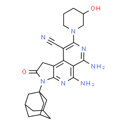 ChemSpider 2D Image | 3-(Adamantan-1-yl)-5,6-diamino-8-(3-hydroxy-1-piperidinyl)-2-oxo-2,3-dihydro-1H-pyrrolo[2,3-c][2,7]naphthyridine-9-carbonitrile | C26H31N7O2