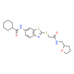 ChemSpider 2D Image | N-[2-({2-Oxo-2-[(tetrahydro-2-furanylmethyl)amino]ethyl}sulfanyl)-1,3-benzothiazol-6-yl]cyclohexanecarboxamide | C21H27N3O3S2