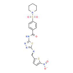 ChemSpider 2D Image | N-(5-{[(5-Nitro-2-thienyl)methylene]amino}-1,3,4-thiadiazol-2-yl)-4-(1-piperidinylsulfonyl)benzamide | C19H18N6O5S3