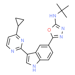 ChemSpider 2D Image | 5-[3-(4-Cyclopropyl-2-pyrimidinyl)-1H-indol-5-yl]-N-(2-methyl-2-propanyl)-1,3,4-oxadiazol-2-amine | C21H22N6O