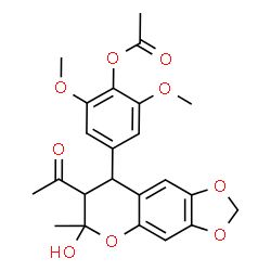 ChemSpider 2D Image | 4-(7-Acetyl-6-hydroxy-6-methyl-7,8-dihydro-6H-[1,3]dioxolo[4,5-g]chromen-8-yl)-2,6-dimethoxyphenyl acetate | C23H24O9