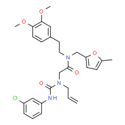 ChemSpider 2D Image | N~2~-Allyl-N~2~-[(3-chlorophenyl)carbamoyl]-N-[2-(3,4-dimethoxyphenyl)ethyl]-N-[(5-methyl-2-furyl)methyl]glycinamide | C28H32ClN3O5
