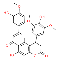 ChemSpider 2D Image | 5-Hydroxy-10-(4-hydroxy-3,5-dimethoxyphenyl)-2-(3-hydroxy-4-methoxyphenyl)-9,10-dihydro-4H,8H-pyrano[2,3-f]chromene-4,8-dione | C27H22O10