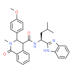 ChemSpider 2D Image | N-[(1S)-1-(1H-Benzimidazol-2-yl)-3-methylbutyl]-3-(4-methoxyphenyl)-2-methyl-1-oxo-1,2,3,4-tetrahydro-4-isoquinolinecarboxamide | C30H32N4O3