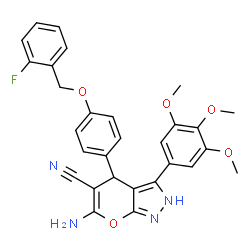 ChemSpider 2D Image | 6-Amino-4-{4-[(2-fluorobenzyl)oxy]phenyl}-3-(3,4,5-trimethoxyphenyl)-2,4-dihydropyrano[2,3-c]pyrazole-5-carbonitrile | C29H25FN4O5