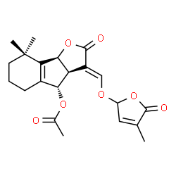 ChemSpider 2D Image | (3E,3aS,4S,8bS)-8,8-Dimethyl-3-{[(4-methyl-5-oxo-2,5-dihydro-2-furanyl)oxy]methylene}-2-oxo-3,3a,4,5,6,7,8,8b-octahydro-2H-indeno[1,2-b]furan-4-yl acetate | C21H24O7
