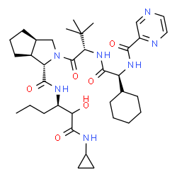 ChemSpider 2D Image | (1S,3aR,6aS)-2-[(2S)-2-({(2S)-2-Cyclohexyl-2-[(2-pyrazinylcarbonyl)amino]acetyl}amino)-3,3-dimethylbutanoyl]-N-[(3R)-1-(cyclopropylamino)-2-hydroxy-1-oxo-3-hexanyl]octahydrocyclopenta[c]pyrrole-1-carb
oxamide | C36H55N7O6