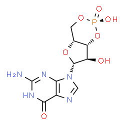 ChemSpider 2D Image | 2-Amino-9-[(2S,4aR,6R,7R,7aR)-2,7-dihydroxy-2-oxidotetrahydro-4H-furo[3,2-d][1,3,2]dioxaphosphinin-6-yl]-1,9-dihydro-6H-purin-6-one | C10H12N5O7P