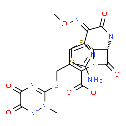 ChemSpider 2D Image | 3-({[(6R,7R)-7-{[(2E)-2-(2-Amino-1,3-thiazol-4-yl)-2-(methoxyimino)acetyl]amino}-2-carboxy-8-oxo-5-thia-1-azabicyclo[4.2.0]oct-2-en-3-yl]methyl}sulfanyl)-2-methyl-5,6-dioxo-5,6-dihydro-2H-1,2,4-triazi
n-1-ide | C18H17N8O7S3