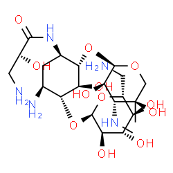 ChemSpider 2D Image | (2S)-3-Amino-N-[(1R,2S,3S,4R,5S)-5-amino-4-[(6-amino-6-deoxy-alpha-D-glucopyranosyl)oxy]-2-{[3-deoxy-4-C-methyl-3-(methylamino)-alpha-D-xylopyranosyl]oxy}-3-hydroxycyclohexyl]-2-hydroxypropanamide | C22H43N5O12
