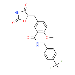 ChemSpider 2D Image | 5-[(2,4-Dioxo-1,3-oxazolidin-5-yl)methyl]-2-methoxy-N-[4-(trifluoromethyl)benzyl]benzamide | C20H17F3N2O5