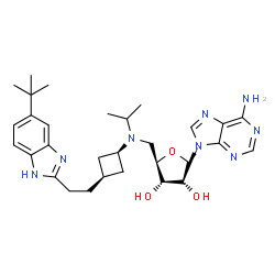 ChemSpider 2D Image | 9-{5-Deoxy-5-[isopropyl(cis-3-{2-[5-(2-methyl-2-propanyl)-1H-benzimidazol-2-yl]ethyl}cyclobutyl)amino]-D-glycero-pentofuranosyl}-9H-purin-6-amine | C30H42N8O3