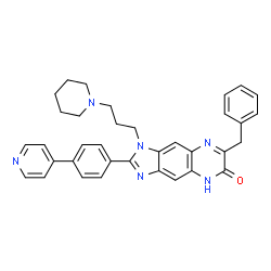 ChemSpider 2D Image | 7-Benzyl-1-[3-(1-piperidinyl)propyl]-2-[4-(4-pyridinyl)phenyl]-1,5-dihydro-6H-imidazo[4,5-g]quinoxalin-6-one | C35H34N6O