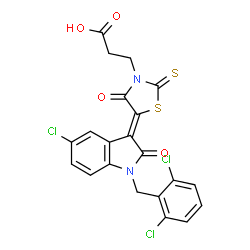 ChemSpider 2D Image | 3-{(5Z)-5-[5-Chloro-1-(2,6-dichlorobenzyl)-2-oxo-1,2-dihydro-3H-indol-3-ylidene]-4-oxo-2-thioxo-1,3-thiazolidin-3-yl}propanoic acid | C21H13Cl3N2O4S2