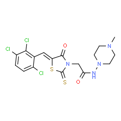 ChemSpider 2D Image | N-(4-Methyl-1-piperazinyl)-2-[(5Z)-4-oxo-2-thioxo-5-(2,3,6-trichlorobenzylidene)-1,3-thiazolidin-3-yl]acetamide | C17H17Cl3N4O2S2