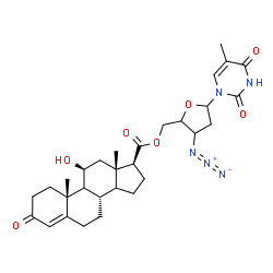 ChemSpider 2D Image | 1-(3-Azido-2,3-dideoxy-5-O-{[(9xi,11beta,14xi,17beta)-11-hydroxy-3-oxoandrost-4-en-17-yl]carbonyl}pentofuranosyl)-5-methyl-2,4(1H,3H)-pyrimidinedione | C30H39N5O7