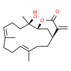 ChemSpider 2D Image | (1S,4E,8E,12R,13R)-12-Hydroxy-4,8,12-trimethyl-16-methylene-14-oxabicyclo[11.3.1]heptadeca-4,8-dien-15-one | C20H30O3