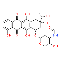 ChemSpider 2D Image | (1S,3S)-3,5,10,12-Tetrahydroxy-3-(1-hydroxyethyl)-6,11-dioxo-1,2,3,4,6,11-hexahydro-1-tetracenyl 2,3,6-trideoxy-3-formamidohexopyranoside | C27H29NO11