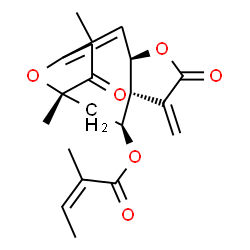 ChemSpider 2D Image | (4R,8R,9S,11S)-2,11-Dimethyl-7-methylene-6,12-dioxo-5,14-dioxatricyclo[9.2.1.0~4,8~]tetradeca-1(13),2-dien-9-yl (2Z)-2-methyl-2-butenoate | C20H22O6