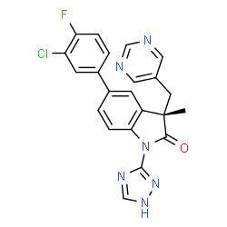ChemSpider 2D Image | (3S)-5-(3-Chloro-4-fluorophenyl)-3-methyl-3-(5-pyrimidinylmethyl)-1-(1H-1,2,4-triazol-3-yl)-1,3-dihydro-2H-indol-2-one | C22H16ClFN6O