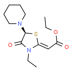 ChemSpider 2D Image | Ethyl (2Z)-[(5S)-3-ethyl-4-oxo-5-(1-piperidinyl)-1,3-thiazolidin-2-ylidene]acetate | C14H22N2O3S