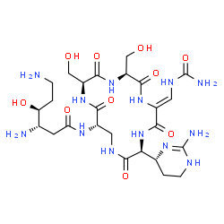 ChemSpider 2D Image | (3S,4S)-3,6-Diamino-N-[(3S,6Z,9S,12S,15S)-3-[(4R)-2-amino-1,4,5,6-tetrahydro-4-pyrimidinyl]-6-[(carbamoylamino)methylene]-9,12-bis(hydroxymethyl)-2,5,8,11,14-pentaoxo-1,4,7,10,13-pentaazacyclohexadeca
n-15-yl]-4-hydroxyhexanamide | C25H43N13O10