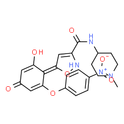 ChemSpider 2D Image | (5Z)-5-[2-Hydroxy-6-(4-nitrophenoxy)-4-oxo-2,5-cyclohexadien-1-ylidene]-N-(1-methyl-4-piperidinyl)-2,5-dihydro-1,2-oxazole-3-carboxamide | C22H22N4O7