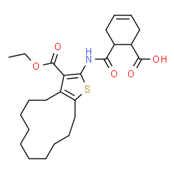 ChemSpider 2D Image | 6-{[3-(Ethoxycarbonyl)-4,5,6,7,8,9,10,11,12,13-decahydrocyclododeca[b]thiophen-2-yl]carbamoyl}-3-cyclohexene-1-carboxylic acid | C25H35NO5S