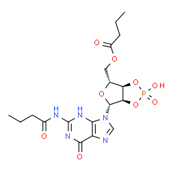 ChemSpider 2D Image | {(3aR,4R,6R,6aR)-6-[2-(Butyrylamino)-6-oxo-3,6-dihydro-9H-purin-9-yl]-2-hydroxy-2-oxidotetrahydrofuro[3,4-d][1,3,2]dioxaphosphol-4-yl}methyl butyrate | C18H24N5O9P