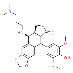 ChemSpider 2D Image | (8aS,9S)-9-{[3-(Dimethylamino)propyl]amino}-5-(4-hydroxy-3,5-dimethoxyphenyl)-5,8,8a,9-tetrahydrofuro[3',4':6,7]naphtho[2,3-d][1,3]dioxol-6(5aH)-one | C26H32N2O7