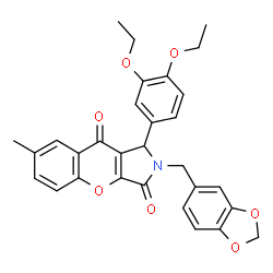 ChemSpider 2D Image | 2-(1,3-Benzodioxol-5-ylmethyl)-1-(3,4-diethoxyphenyl)-7-methyl-1,2-dihydrochromeno[2,3-c]pyrrole-3,9-dione | C30H27NO7