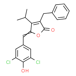ChemSpider 2D Image | 3-Benzyl-5-(3,5-dichloro-4-hydroxybenzylidene)-4-isopropyl-2(5H)-furanone | C21H18Cl2O3