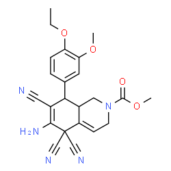 ChemSpider 2D Image | Methyl 6-amino-5,5,7-tricyano-8-(4-ethoxy-3-methoxyphenyl)-3,5,8,8a-tetrahydro-2(1H)-isoquinolinecarboxylate | C23H23N5O4