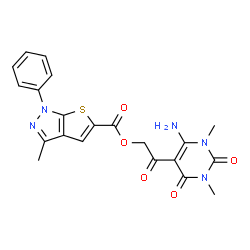 ChemSpider 2D Image | 2-(6-Amino-1,3-dimethyl-2,4-dioxo-1,2,3,4-tetrahydro-5-pyrimidinyl)-2-oxoethyl 3-methyl-1-phenyl-1H-thieno[2,3-c]pyrazole-5-carboxylate | C21H19N5O5S