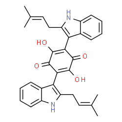 ChemSpider 2D Image | 2,5-Dihydroxy-3,6-bis(2-(3-methyl-2-butenyl)-1H-indol-3-yl)benzo-1,4-quinone | C32H30N2O4