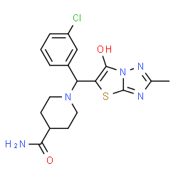 ChemSpider 2D Image | 1-[(3-Chlorophenyl)(6-hydroxy-2-methyl[1,3]thiazolo[3,2-b][1,2,4]triazol-5-yl)methyl]-4-piperidinecarboxamide | C18H20ClN5O2S