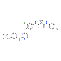 ChemSpider 2D Image | N-(3-Fluoro-4-{[2-({3-[(methylsulfonyl)methyl]phenyl}amino)-4-pyrimidinyl]oxy}phenyl)-N'-(4-fluorophenyl)-1,1-cyclopropanedicarboxamide | C29H25F2N5O5S