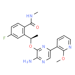 ChemSpider 2D Image | 2-[(1R)-1-{[3-Amino-6-(2-methoxy-3-pyridinyl)-2-pyrazinyl]oxy}ethyl]-4-fluoro-N-methylbenzamide | C20H20FN5O3