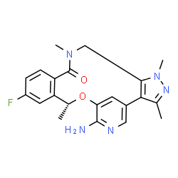 ChemSpider 2D Image | (10r)-7-Amino-12-Fluoro-1,3,10,16-Tetramethyl-16,17-Dihydro-1h-8,4-(Metheno)pyrazolo[4,3-H][2,5,11]benzoxadiazacyclotetradecin-15(10h)-One | C21H22FN5O2