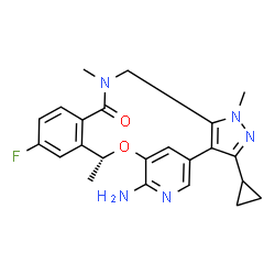 ChemSpider 2D Image | (10r)-7-Amino-3-Cyclopropyl-12-Fluoro-1,10,16-Trimethyl-16,17-Dihydro-1h-8,4-(Metheno)pyrazolo[4,3-H][2,5,11]benzoxadiazacyclotetradecin-15(10h)-One | C23H24FN5O2