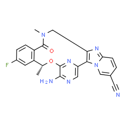 ChemSpider 2D Image | (5R)-8-amino-3-fluoro-5,19-dimethyl-20-oxo-5,18,19,20-tetrahydro-11,7-(azeno)pyrido[2',1':2,3]imidazo[4,5-H][2,5,11]benzoxadiazacyclotetradecine-14-carbonitrile | C23H18FN7O2