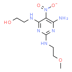 ChemSpider 2D Image | 2-({6-Amino-2-[(2-methoxyethyl)amino]-5-nitro-4-pyrimidinyl}amino)ethanol | C9H16N6O4