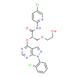 ChemSpider 2D Image | (2S)-2-{[1-(2-Chlorophenyl)-1H-pyrazolo[3,4-d]pyrimidin-4-yl]oxy}-N-(5-chloro-2-pyridinyl)-3-(2-hydroxyethoxy)propanamide | C21H18Cl2N6O4